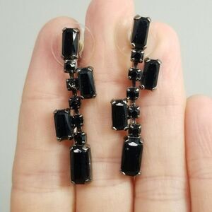 Vintage Black Rhinestone Dangle Stud Earrings, Prong Set, Rectangle Shape